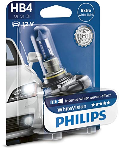 Philips 9006WHVB1 WhiteVision Bombilla para Faros Delanteros de Coches, Efecto Xenón, 4300 K, HB4, 12.8 V, 55 W, Color Blanco Intenso