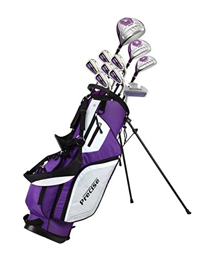 Precise M5 Ladies Womens Complete Right Handed Golf Clubs Set Includes Titanium Driver, S.S. Fairway, S.S. Hybrid, S.S. 5-PW Irons, Putter, Stand Bag, 3 H/C's Purple (Right Hand Petite Size -1")