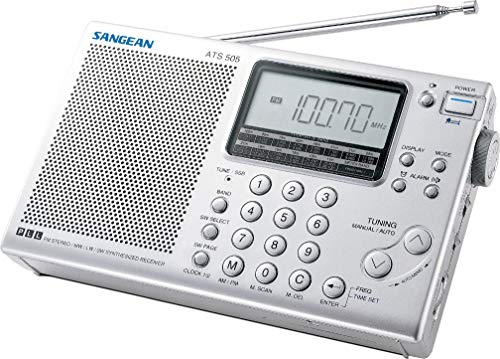 Sangean ATS-405 Receptor Mundial (FM/MW/kw-sintonizador, ATS, emisoras, Reloj, Despertador, conexión para Auriculares) y Funda de Plata