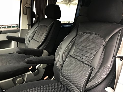 seatcovers by k-maniac Fundas de asiento para T5, T6, T6.1, Multivan, California, Combi, Caravelle, Transporter, Kasten del conductor asiento del copiloto, reposabrazos, diseño T41, color negro y gris