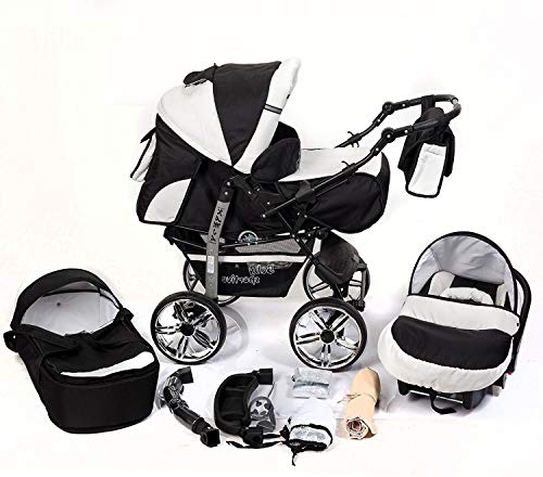 Sistema de viaje para bebé 3 en 1, cochecito, asiento de coche, sillita de paseo y accesorios, negro y blanco