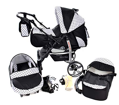 Sportive X2, 3-in-1 Travel System incl. Baby Pram with Swivel Wheels, Car Seat, Pushchair & Accessories (3-in-1 Travel System, Black & Black Polka Dots)
