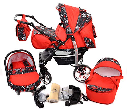 Sportive X2 - Sistema de viaje 3 en 1, silla de paseo, carrito con capazo y silla de coche, RUEDAS GIRATORIAS y accesorios (Sistema de viaje 3 en 1, rojo, flores coloridas)