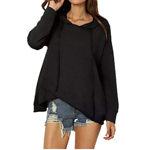Top Style - Suéter con capucha para mujer, color sólido, con dobladillo irregular Negro Negro ( S