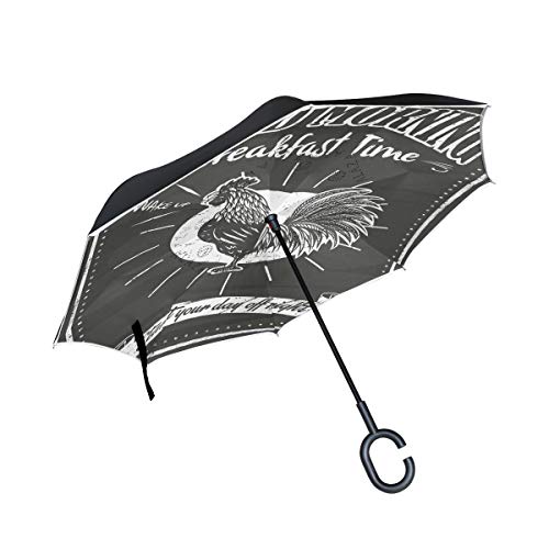Wamika Paraguas invertido de Doble Capa con diseño de Gallo de Desayuno, Color Blanco y Negro, Resistente al Viento, con protección UV, no automático, Grande, Recto, en Forma de C