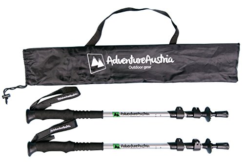 AdventureAustria Bastones de Senderismo Telescópicos (Par) Bastones de Trekking de Aluminio Ligeros - para Senderismo y Montañismo. para Hombre y Mujeres. Incluye Estuche. (Plateados)