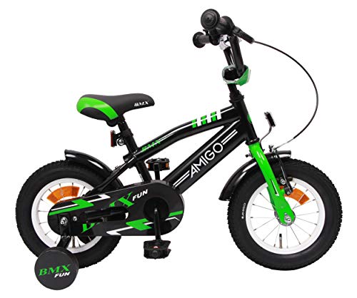 Amigo BMX Fun - Bicicleta Infantil de 12 Pulgadas - para niños de 3 a 4 años - con V-Brake, Freno de Retroceso, Timbre y ruedines - Negro/Verde