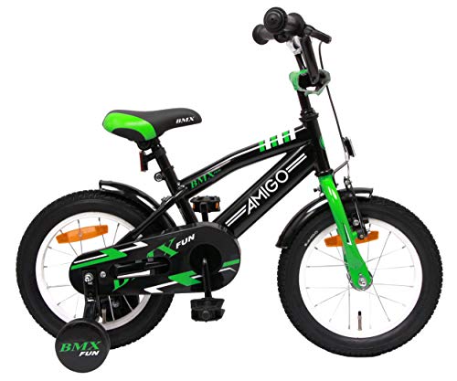 Amigo BMX Fun - Bicicleta Infantil de 14 Pulgadas - para niños de 3 a 4 años - con V-Brake, Freno de Retroceso, Timbre y ruedines - Negro/Verde Amigo BMX Fun - Bicicleta Infantil de 14 Pulgadas - para niños de 3 a 4 años - con V-Brake, Freno de Retroceso, Timbre y ruedines - Negro/Verde