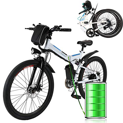 ANCHEER Bicicleta Eléctrica de Montaña Bicicleta Eléctrica de 26 Pulgadas Plegable con Batería de Litio (36V 250W) 21 Velocidades de Suspensión Completa Premium y Equipo Shimano (Blanco Plegable)