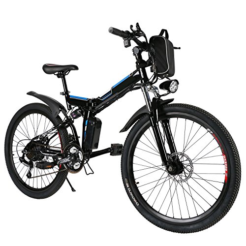ANCHEER Bicicleta Eléctrica de Montaña Bicicleta Eléctrica de 26 Pulgadas Plegable con Batería de Litio (36V 250W) 21 Velocidades de Suspensión Completa Premium y Equipo Shimano (Negro Plegable)