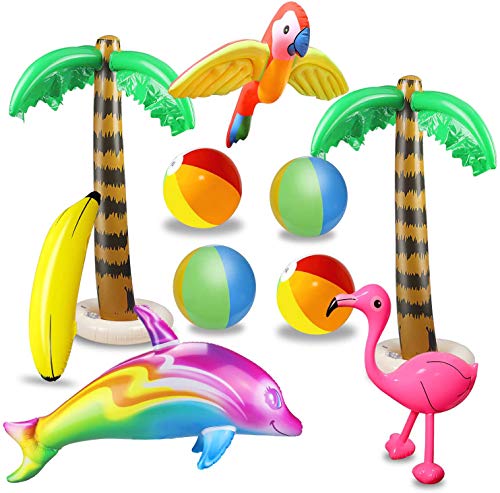 aovowog 10 PCS Inflables Palmeras Flamingo Juguetes Inflables Banana Bolas de Playa Volando Loro Delfín para la Decoración del Partido Playa