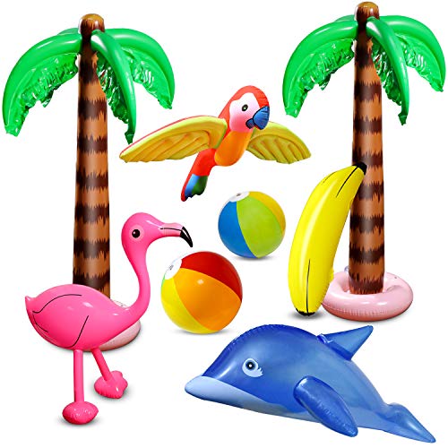 aovowog 8 PCS Inflables Palmeras Flamingo Juguetes Inflables Banana Bolas de Playa Volando Loro Delfín para la Decoración del Partido Playa