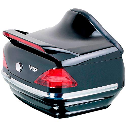 Baul rigido para Moto Custom de 40 litros de Capacidad, con Pilotos y Respaldo. Color Negro Brillo.