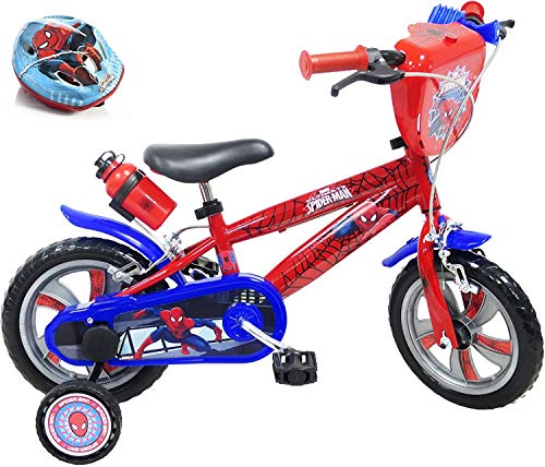 Bicicleta de 12 Pulgadas para niños de 2 a 4 años, Equipada con 2 Frenos, bidón y portabidón, Placa Frontal Decorativa, 2 estabilizadores + Casco Spiderman Incluido para niño, Rojo, 12 Pulgadas