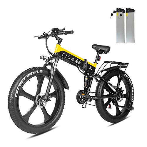 Bicicleta Electrica Plegable 26 Pulgadas 1000W 48V batería Dual MTB E-Bike Adulto Hombre Mujer (Negro Amarillo)