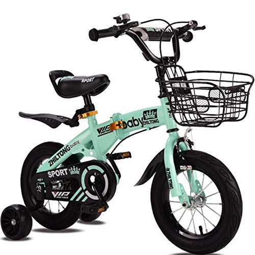 Bicicleta Infantil Plegable De Aluminio Verde Para Niños Y Niñas Bicicleta Para Niños Con Rueda De Entrenamiento Flash, Frenos Estabilizadores Y Campana De 16 Pulgadas Para Niños De 2 A 9 Años,16"