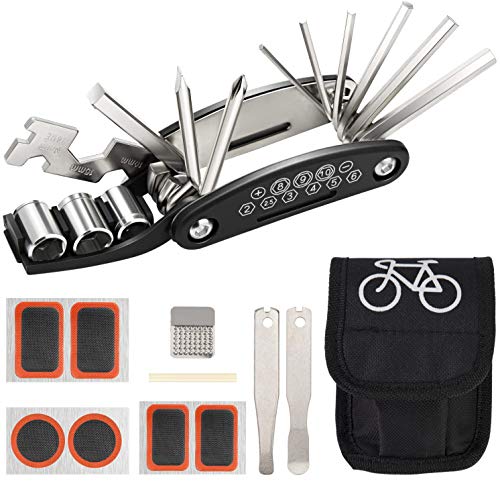 Bicicleta Reparacion Herramientas Portátil Multifunción 16 en 1 Kit de Herramientas para Bicicleta con Kit de Parche y Palancas kit Repara Pinchazos Bicicleta Negro Bicicleta Reparacion Herramientas Portátil Multifunción 16 en 1 Kit de Herramientas para Bicicleta con Kit de Parche y Palancas kit Repara Pinchazos Bicicleta Negro