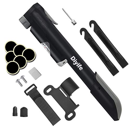 Bomba para Bicicleta con Manómetro,[120 PSI][No se Necesita Cambio de Válvula]Diyife Mini Bomba De Bicicleta con Aguja, Kit de Parche, Tapas de VáLvulas y Montura de Marco para Presta y Schrader