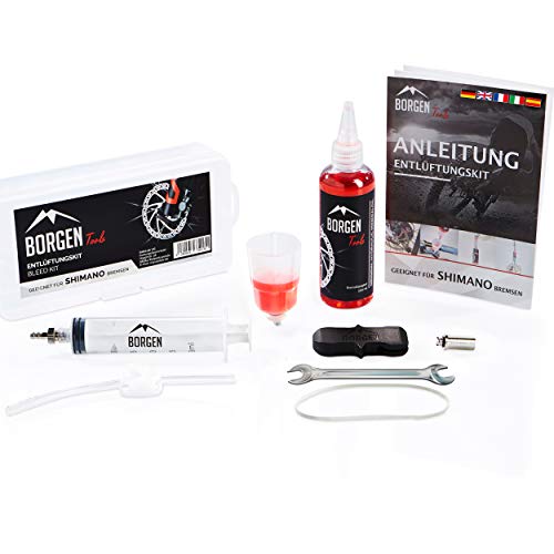 Borgen Kit de purga Shimano para frenos de disco hidráulicos I Kit de servicio de frenos de bicicleta I Kit de purga con instrucciones paso a paso incluye aceite mineral hidráulico