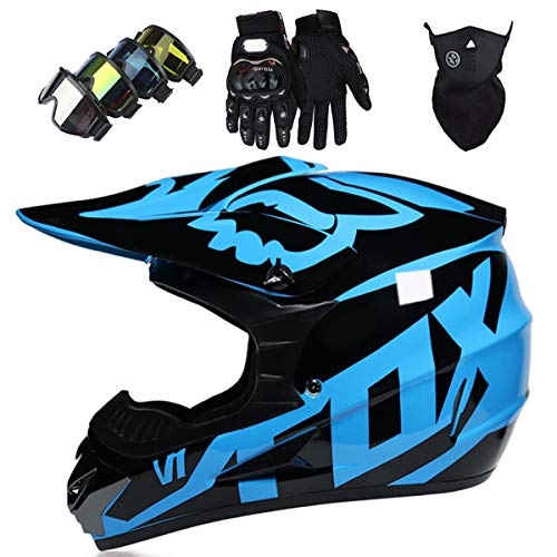 Casco Motocross Niño 5~12 Años ECE Homologado Casco Moto Integral Unisex para Moto Cross Descenso Enduro MTB Quad BMX Bicicleta (Gafas+Máscara+Guantes) con Diseño FOX - MJH-01 - Brillante Negro Azul