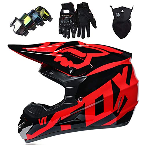 Casco Motocross Niño 5~12 Años ECE Homologado Casco Moto Integral Unisex para Moto Cross Descenso Enduro MTB Quad BMX Bicicleta (Gafas+Máscara+Guantes) con Diseño FOX - MJH-01 - Brillante Negro-rojo