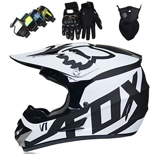 Casco Motocross Niño 5~12 Años ECE Homologado Casco Moto Integral Unisex para Moto de Cross Descenso Enduro MTB Quad BMX Bicicleta (Gafas+Máscara+Guantes) con Diseño FOX - MJH-01 - Negro Blanco