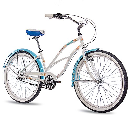 CHRISSON Beachcruiser Sandy - Bicicleta para mujer (26 pulgadas, cambio de buje Shimano Nexus, estilo retro, estilo cruiser, color blanco y azul