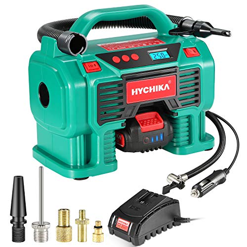 Compresor de Aire Batería Portátil 18V, HYCHIKA Compresor Aire para Coche, 160PSI, 5* Adaptador, Toma de Encendedor 12V, Cargador Rápido, Uso Portátil, 380L/Min, para Bicicleta, Pelota, Boya Salvavida