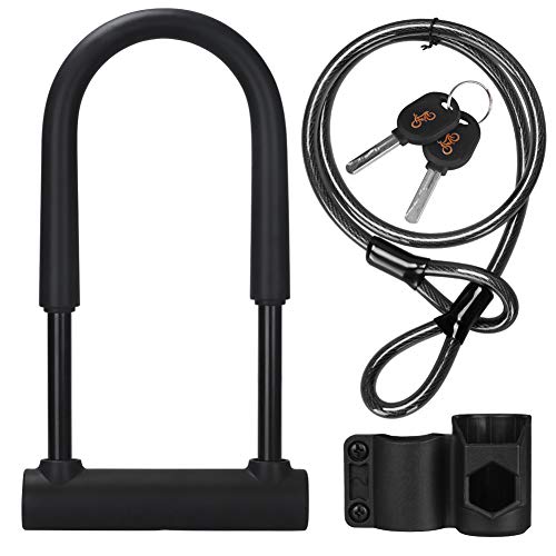 DINOKA Candado en forma de U para bicicleta, bloqueo en D anticortes con cable flexible de 1,2 m y soporte de montaje, alta seguridad para bicicleta, E-Sctooer y motocicletas DINOKA Candado en forma de U para bicicleta, bloqueo en D anticortes con cable flexible de 1,2 m y soporte de montaje, alta seguridad para bicicleta, E-Sctooer y motocicletas