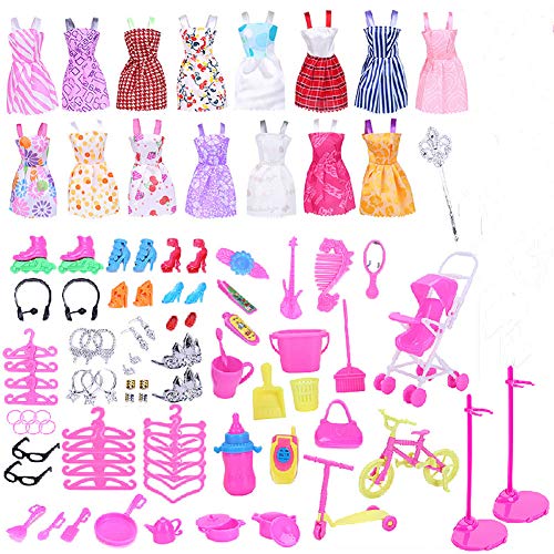 Dizie 114 Piezas muñecas Accesorios de Ropa para Barbie casa de muñecas Juguetes para niños Trajes de Ropa Zapatos Bolsas Percha vajilla Bicicleta Carro para cumpleaños de niñas
