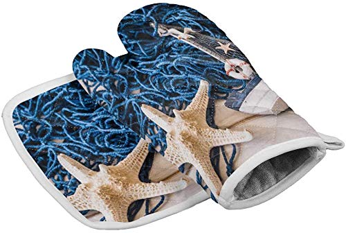 Estrella de mar y barco de pesca cerca de la red de pesca Guantes para horno Almohadillas calientes resistentes al calor con guantes de poliéster antideslizantes para barbacoa para cocina,cocinar,hor Estrella de mar y barco de pesca cerca de la red de pesca Guantes para horno Almohadillas calientes resistentes al calor con guantes de poliéster antideslizantes para barbacoa para cocina,cocinar,hor