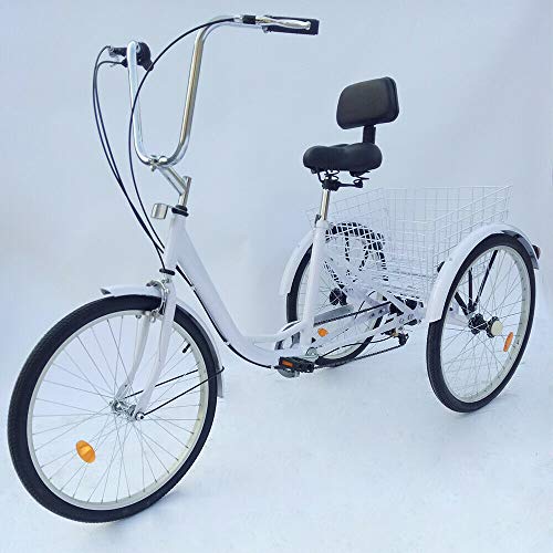 HaroldDol – Triciclo para adultos, 24 pulgadas, 3 ruedas, 6 marchas, aluminio, Tricycle Cruiser, bicicleta de carga, bicicleta para personas mayores, color blanco con cesta
