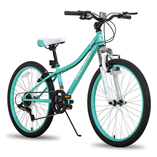 Hiland Climber - Bicicleta de montaña para niños, 24 pulgadas, con horquilla de suspensión, 6 velocidades, freno en V, color verde menta