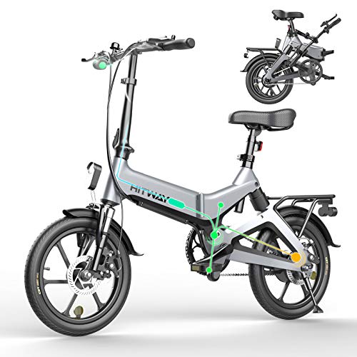 HITWAY Bicicleta eléctrica GEARSTONE, Ligera, 250 W, Plegable, eléctrica, con Asistencia de Pedal, con batería de 7,5 Ah, 16 Pulgadas, para Adolescentes y Adultos (Gris)