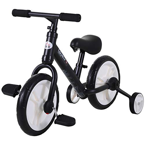 HOMCOM Bicicleta de Equilibrio con Pedales y Ruedas Entrenamiento Extraíbles de Asiento Regulable 33-38cm Niños +24 Meses Carga 25kg Negro