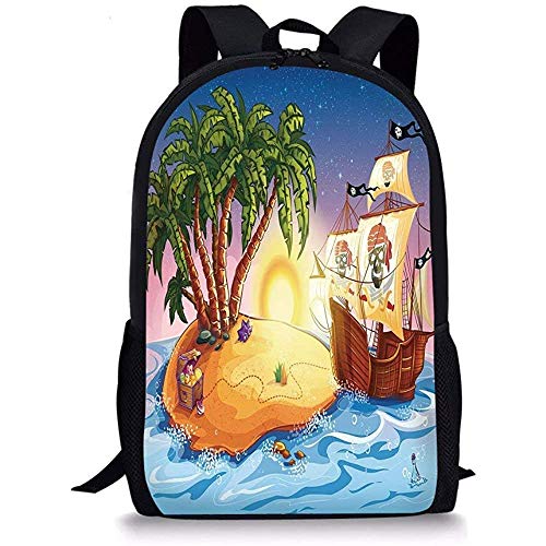 Hui-Shop Mochila Escolar Barco Pirata, Barco GH-ost en mar exótico Cerca de la Isla del Tesoro con Palmeras y Cofre Abierto, Multicolor para niños niñas