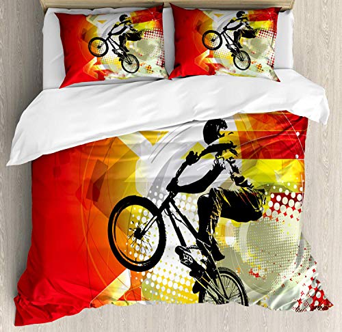 HUNKKY - Juego de funda de edredón para bicicleta, silueta de BMX sobre fondo colorido, efecto semitono, deportes extremos, California King, color negro y rojo