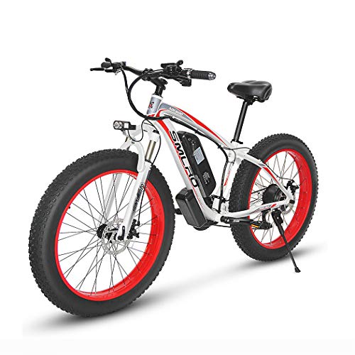 Hyuhome Bicicletas eléctricas para Adultos Hombres de Las Mujeres, 4,0" Anchos neumáticos de 26" 21 señoras Velocidad de Bicicletas montaña, 48V 13/15AH 350W/500W/1000W MTB E-Bici,White Red,1000W15AH