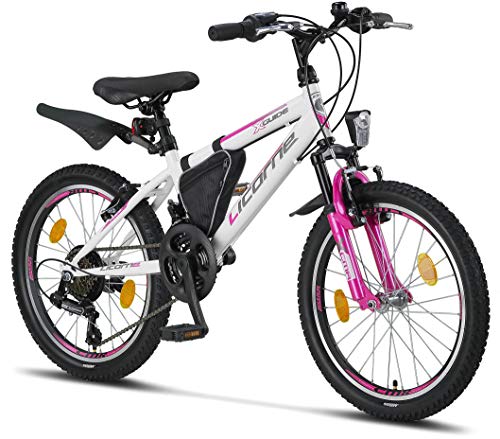 Licorne Bike Guide Bicicleta de montaña de 20 pulgadas, cambio Shimano de 18 velocidades, suspensión de horquilla, bicicleta infantil, para niños y niñas, bolsa para cuadro,blanco/rosa