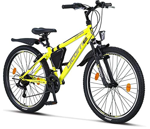Licorne Bike Premium - Bicicleta de montaña para niña, niño, hombre y mujer, cambios Shimano de 21 velocidades, Unisex adulto, amarillo/negro, 26