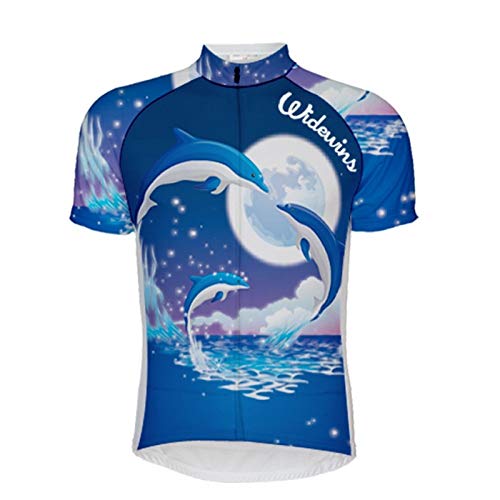 Maillot De Ciclismo Para Hombre Manga Corta,Verano Transpirable Secado Rápido Impreso Caricatura Azul Delfín Jersey De Ciclismo De Montaña Ciclismo Camisa, Cremallera Completa Mtb Bicicleta De Ca