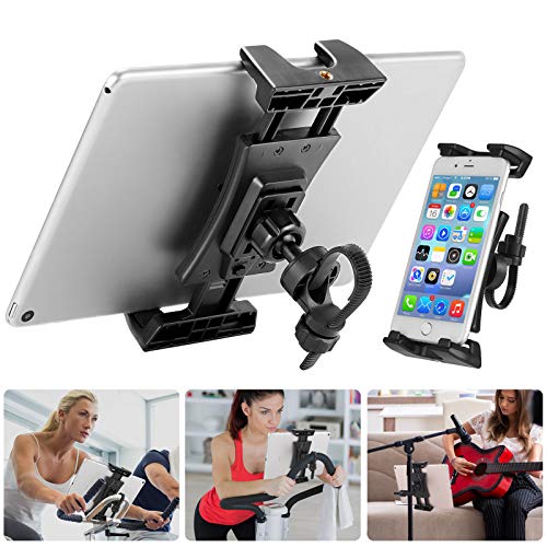 NUOMIC Soporte de tablet para bicicleta o iPad para Spinning Bike/Soporte de micrófono/bicicleta estática/Treadmill, giratorio 360°, compatible con iPad Series de 4,7 a 12,9 pulgadas