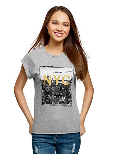 oodji Ultra Mujer Camiseta de Algodón con Estampado Urbano, Gris, ES 38 / S