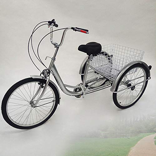 OU BEST CHOOSE 24" 3 Ruedas Triciclo Adulto con Bicicleta de 6 velocidades, Cesta de la Compra Trike Triciclo Pedal Bicicleta de Ciclismo, para IR de Compras al Aire Libre Picnic Deportes (Silver)