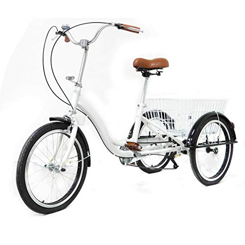 OUKANING Triciclo de Ruedas de 20 Pulgadas para Adultos Bicicleta para Adultos Triciclo para Adultos Cesta Blanca