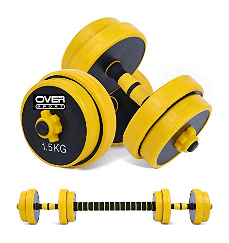 OVER SPORT Mancuernas Ajustables 20 kg 2 en 1 con Barra Ajustable para Gimnasio o Hacer Deporte en Casa - Pesas con Discos Regulables para musculación de 20kg.