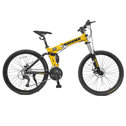 QMMD Bicicleta Montaña Plegable, 26 Pulgadas Adulto Bicicleta De Montaña Portátil, 27 Velocidades Bicicleta BTT Doble Suspensión, Freno Disco Bicicleta de Ciudad,26 Inch Yellow,27 Speed