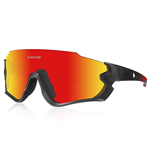 Queshark Gafas de Ciclismo para Hombre Mujer Bicicleta de Carretera 1 Lente Polarizada 3 HD UV400 Lente QE45 (Negro Rojo)
