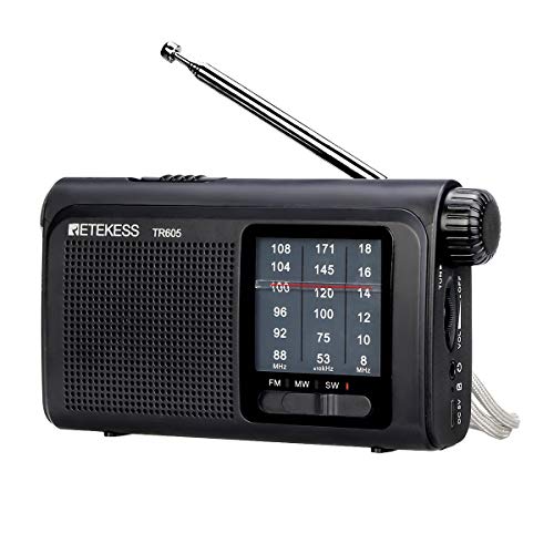 Retekess TR605 Radio Portátil FM Am SW, Radio de Bolsillo Tradicional, con Batería Recargable, Linterna de Emergencia, para Ancianos (Negro)