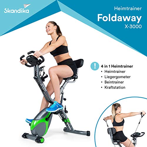 skandika Foldaway X-3000 - Bicicleta estática - Plegable - Porta Tableta - Bluetooth - estación de Ejercicios (Verde/Gris)